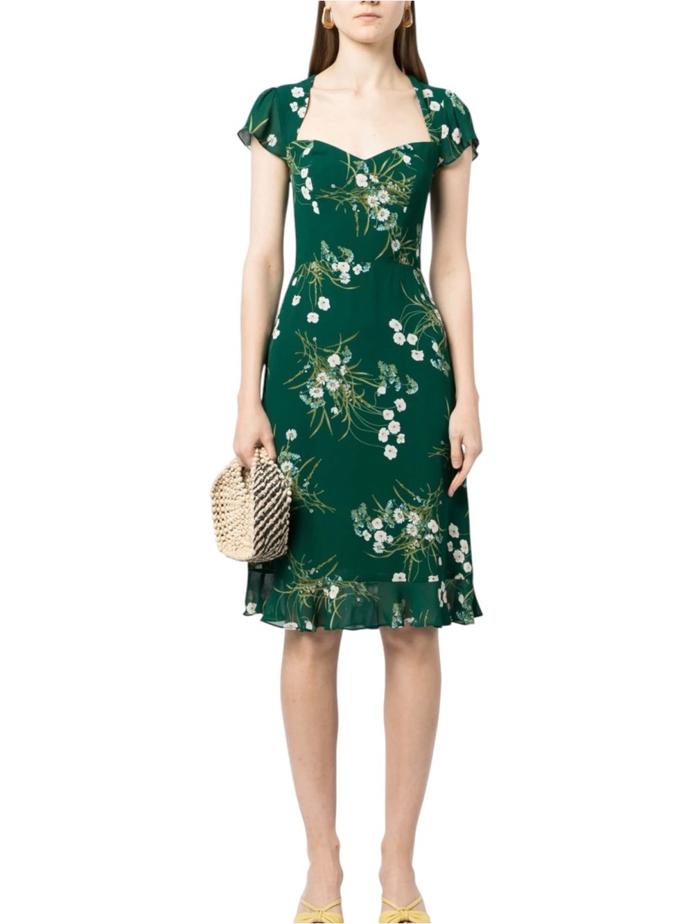 Reformation Rosi Dress Green Floral Short Sleeve Sweetheart Neck 8 in Buena